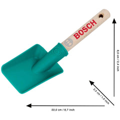 Theo Klein Bosch Garden hand shovel with a brown wooden handle and green plastic blade, featuring red logos and multiple dire