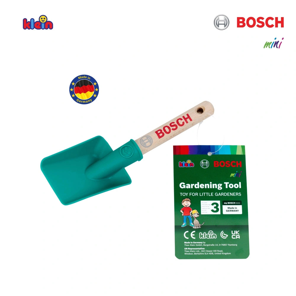 Theo Klein Bosch garden hand shovel with blue handle, wooden head, and green packaging featuring red and white label texts.