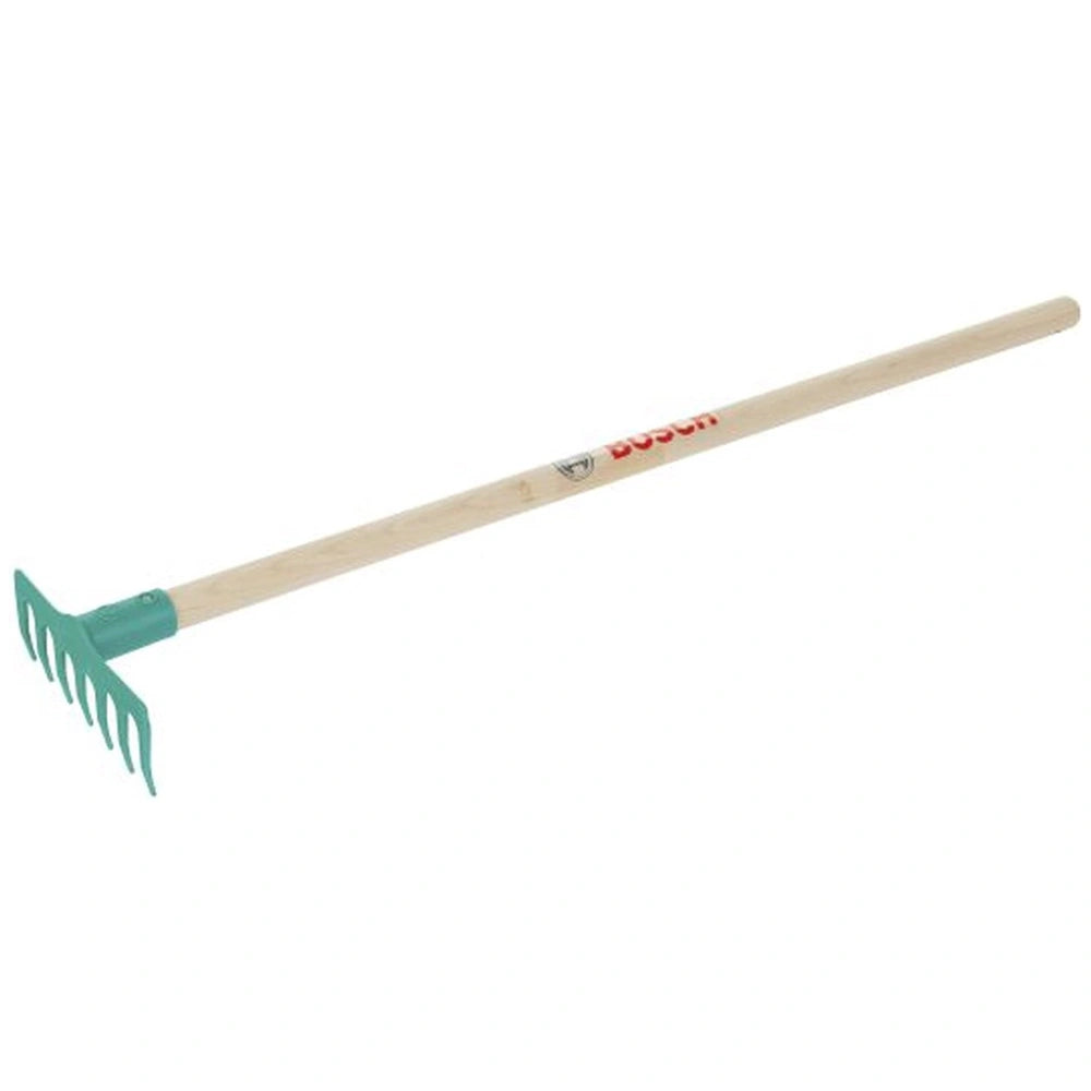 Theo Klein Bosch garden rake featuring a brown wooden handle and green plastic tines, designed for outdoor play.