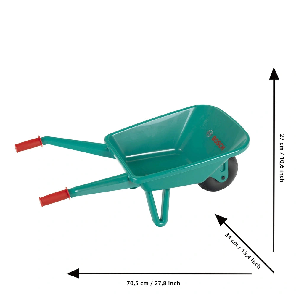 Green Theo Klein Bosch garden wheelbarrow with red handles and black wheels, centered in a front view.