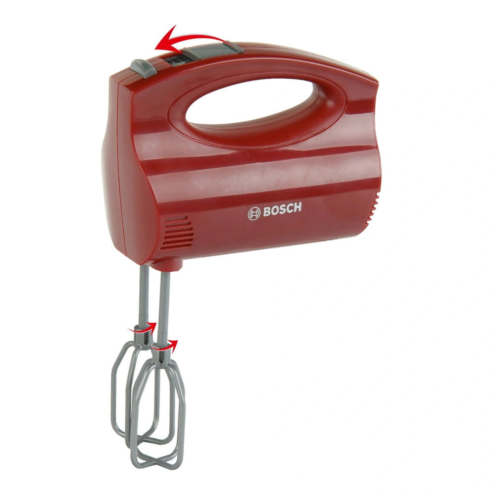 Theo Klein Bosch handmixer with red top, gray handle, wire whisk attachment, control knob, and power button in front view.
