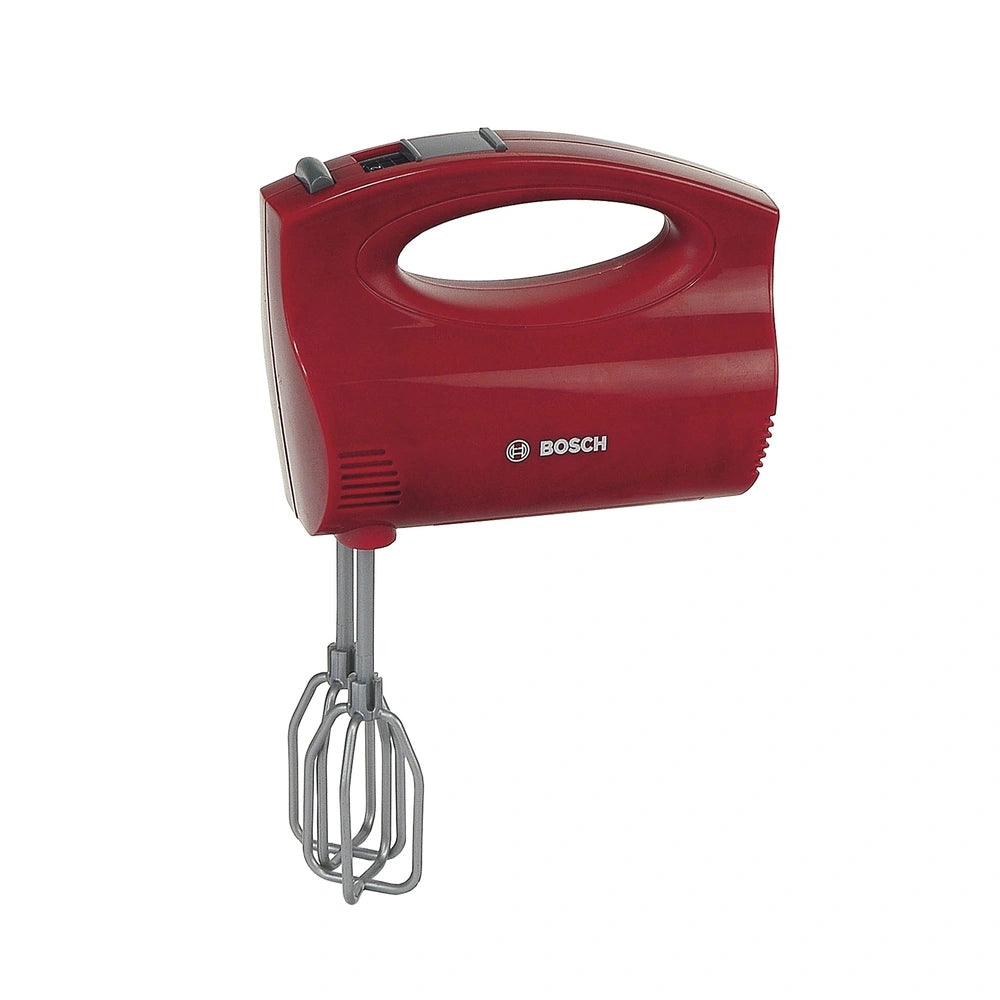 Theo Klein Bosch hand mixer with a glossy red body, silver handle, and whisk attachment, showcasing pretend play features.