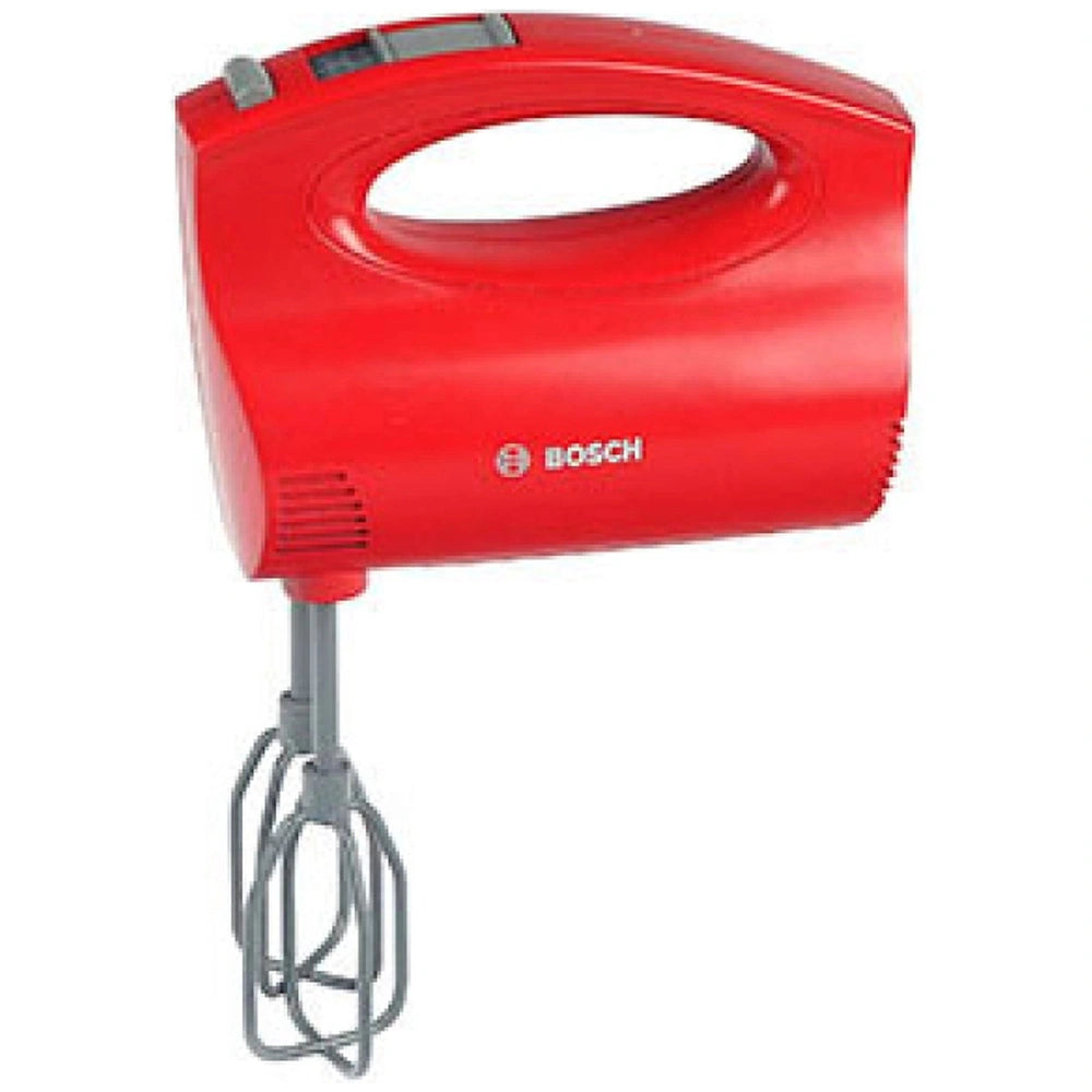 Theo Klein Bosch handmixer in glossy red with a handle and circular opening, designed for pretend professions and role playin