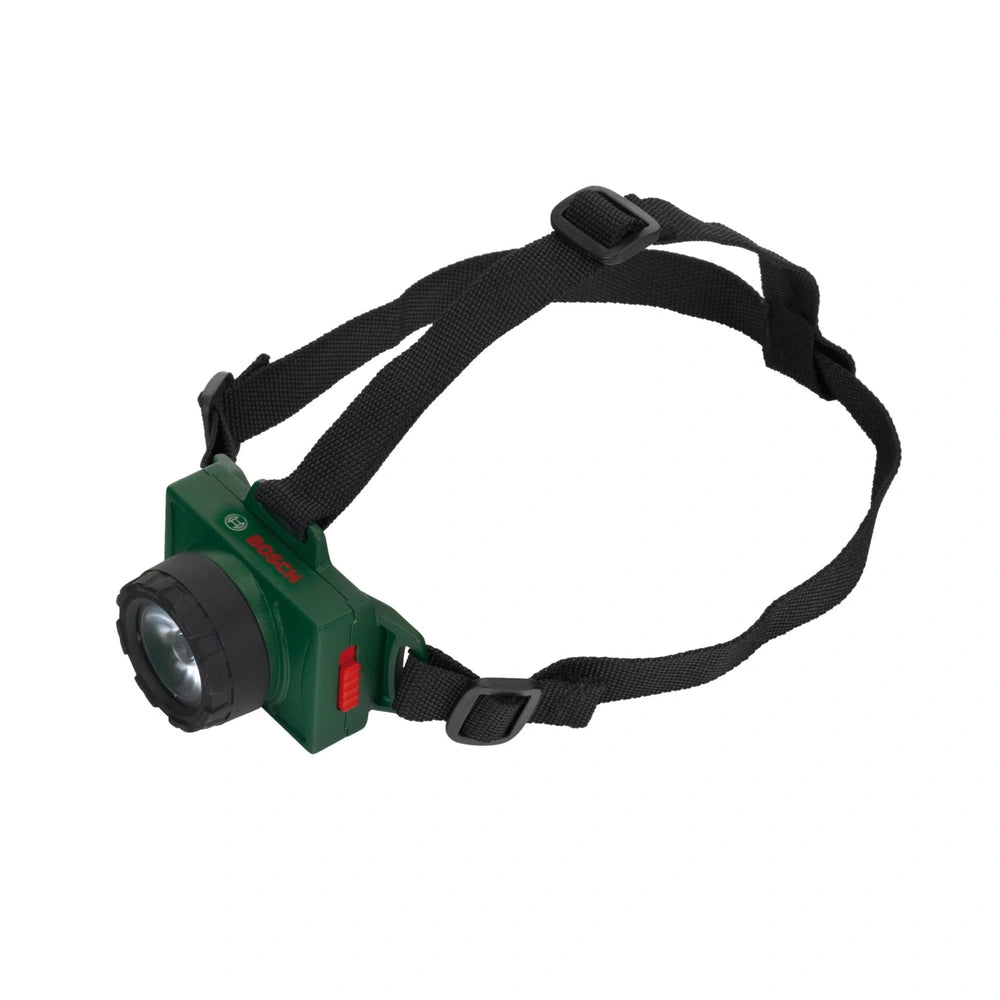 Theo Klein Bosch head lamp in dark green with adjustable black mesh strap and clear lens, featuring a red button and "BOCCO" 