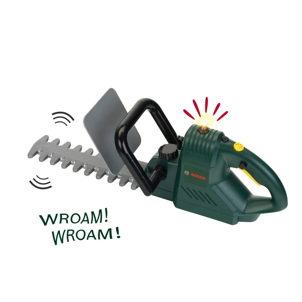 Theo Klein Bosch hedge trimmer in green with silver blade, black handle, red light, and multiple safety features.