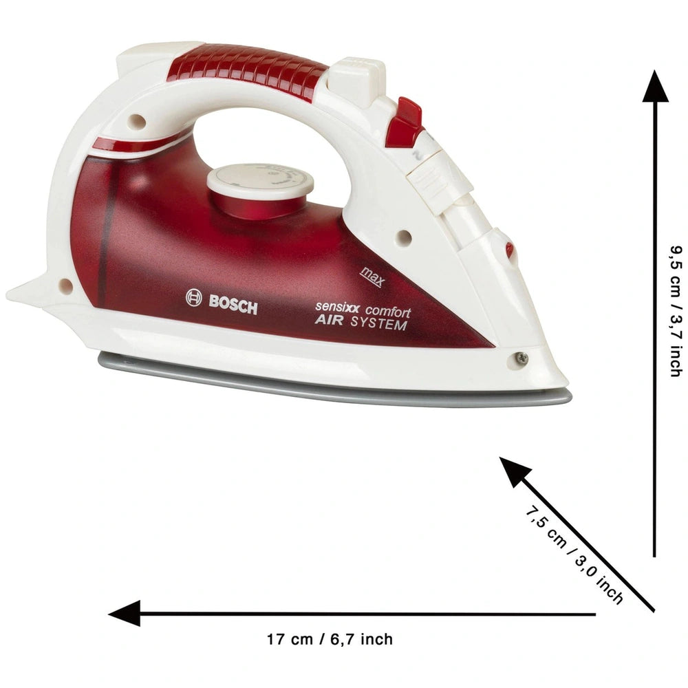 Red and white Bosch pretend iron featuring a white soleplate, power button, and temperature control dial.