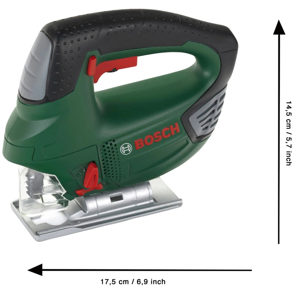 Theo Klein Bosch jigsaw with green plastic body, black rubber handle, silver base, red switch, and visible brand name.
