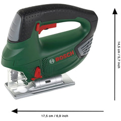 Theo Klein Bosch jigsaw with green plastic body, black rubber handle, silver base, red switch, and visible brand name.