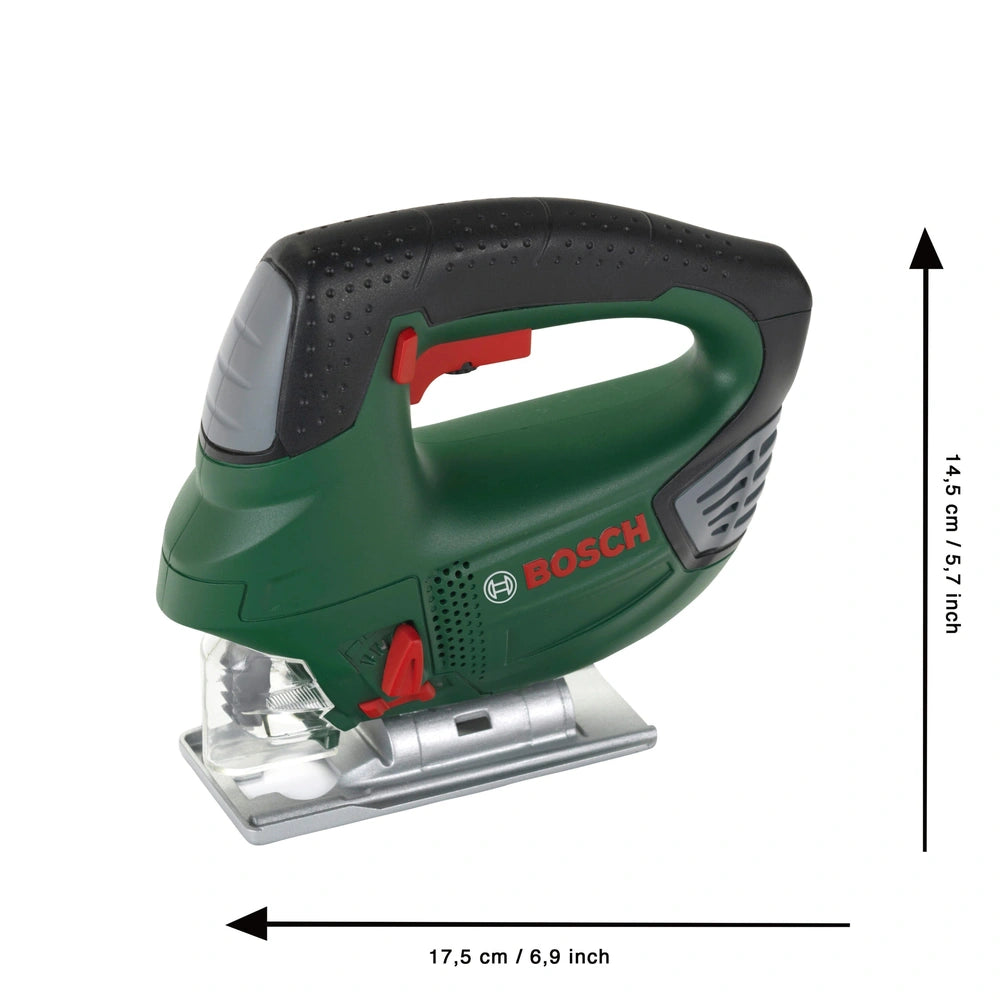 Bosch jigsaw toy in green plastic with black handle, silver blade, and trigger switch for pretend play.