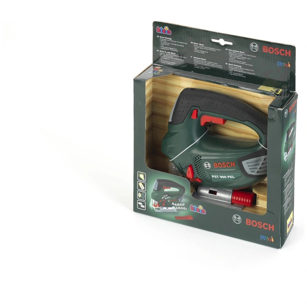 Theo Klein Bosch jigsaw in green and black with visible battery components, displayed in cardboard packaging with plastic win