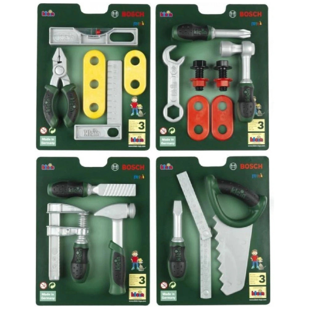 Theo Klein Bosch tool set in green cardboard packaging with metal tools including pliers, screwdriver, wrench, and scissors.
