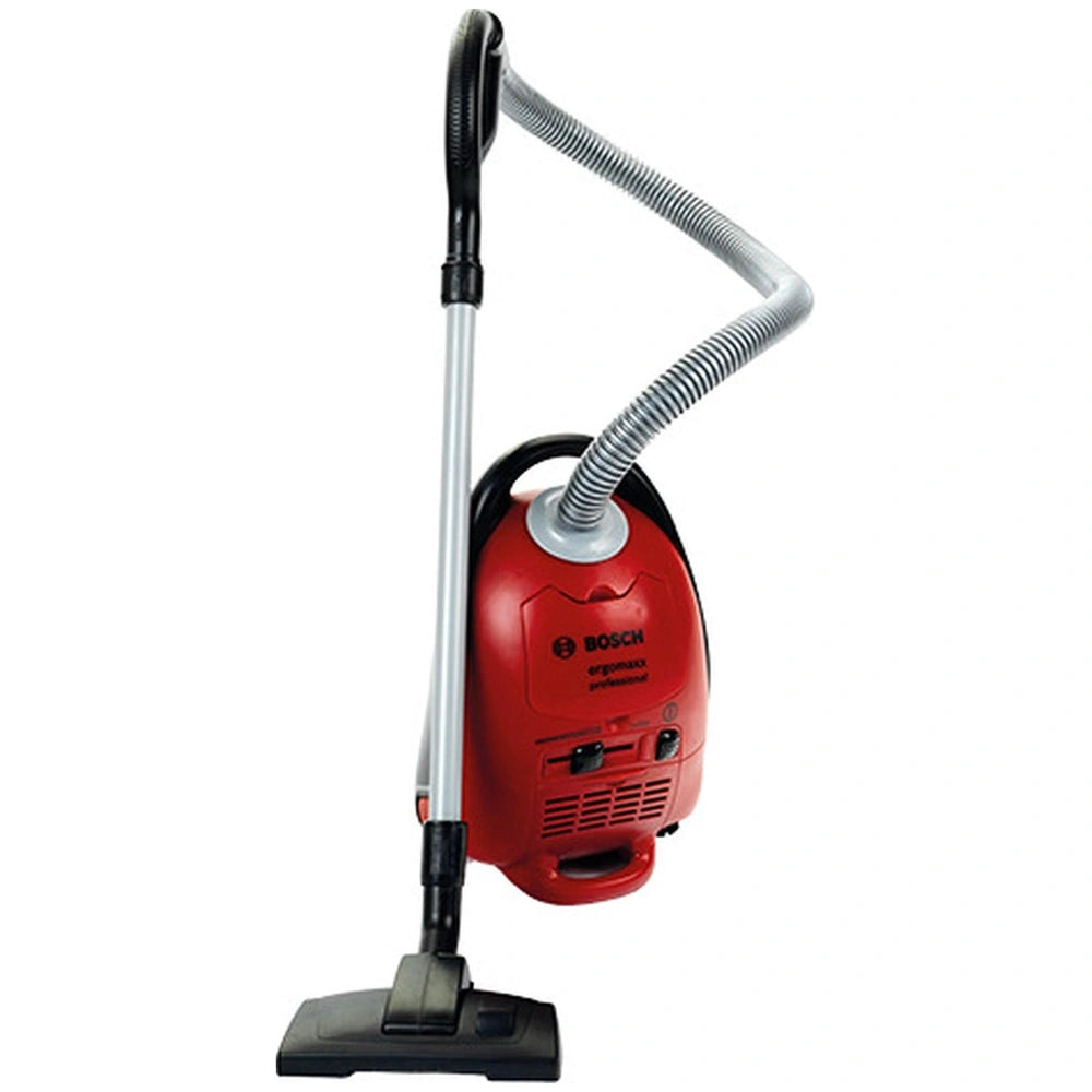Red and black Bosch ergomaxx vacuum cleaner with clear window, metallic hose, and professional branding.