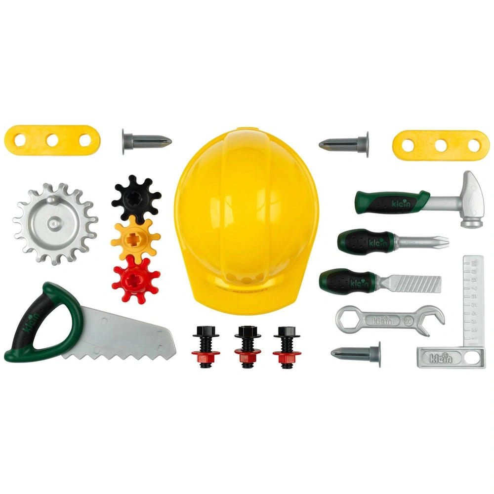 Theo Klein Bosch Workbench Junior features a yellow hard hat and various silver metal tools for pretend play.