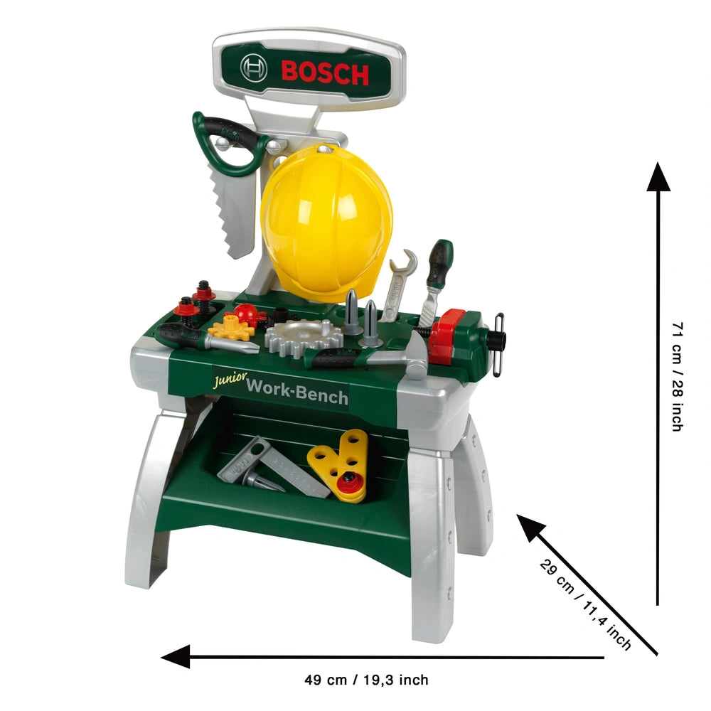 Theo Klein Bosch Workbench Junior features a green metallic frame with colorful plastic tools, including screwdrivers and wre
