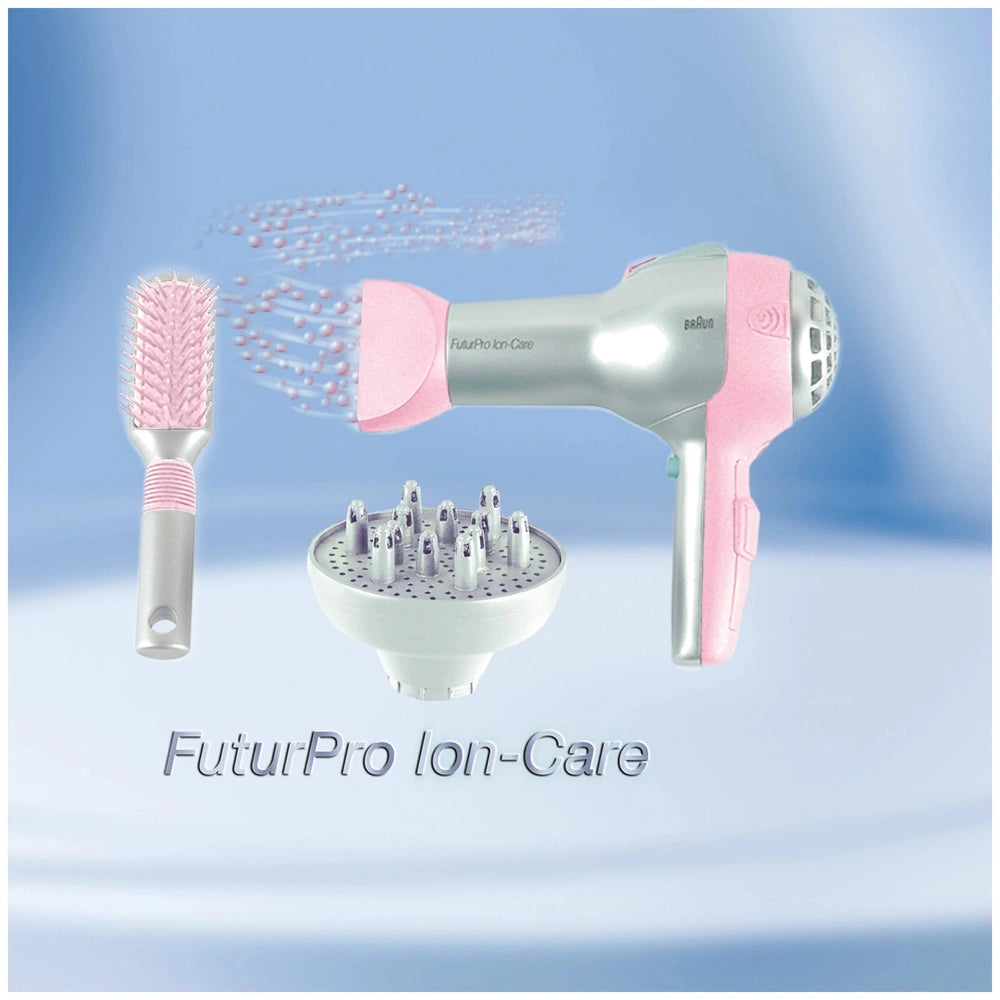 Theo Klein Braun hairdryer with pink nozzle, silver body, white diffuser, and pink brush on a blue background.