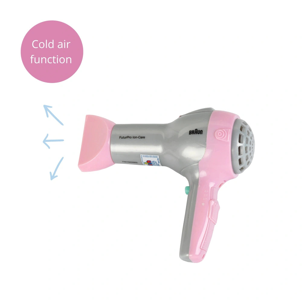 Theo Klein Braun hairdryer with pink handle, silver body, clear window, featuring "Cold air function" and "Future Pro Ion Car