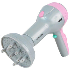 Theo Klein Braun hairdryer with pink nozzle, gray body, trigger handle, and green button for pretend play.