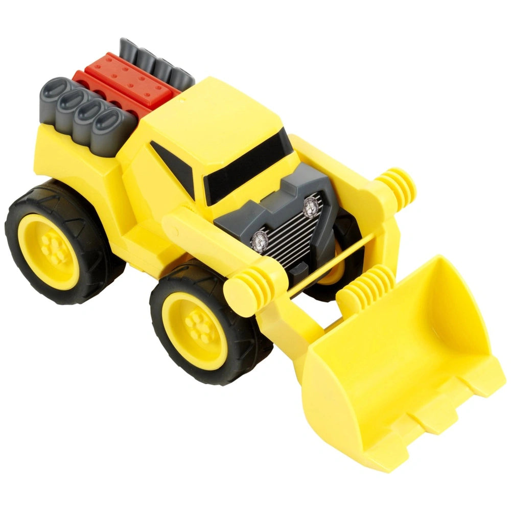Theo Klein Bulldozer 1:24 in yellow with black tires, featuring a shiny front grille and white headlights.