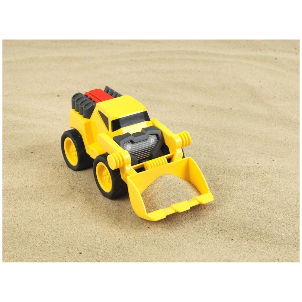Theo Klein Bulldozer 1:24 toy vehicle in yellow with red top, black wheels, and gray engine area, centered in the image.