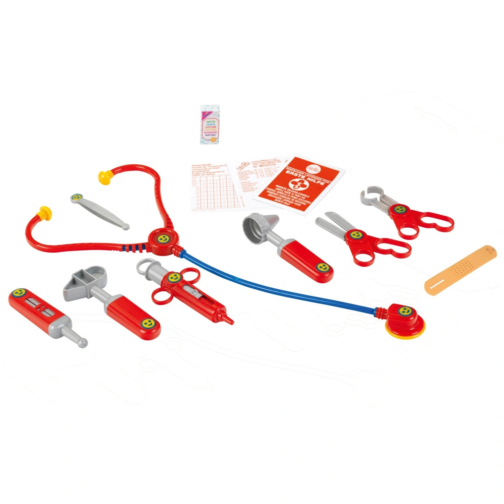 Theo Klein Doctor Case features a red and blue stethoscope with multiple earpieces and a chest piece, made of plastic.