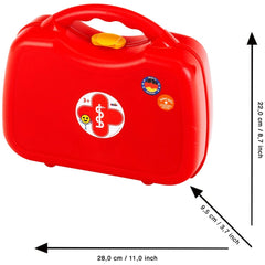 Red plastic doctor case with yellow handle, red cross symbol, and white text, perfect for pretend play and role-playing.