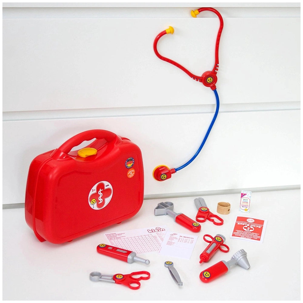 Theo Klein Doctor Case features a red plastic stethoscope with blue and red earpieces, designed for pretend play and role-pla