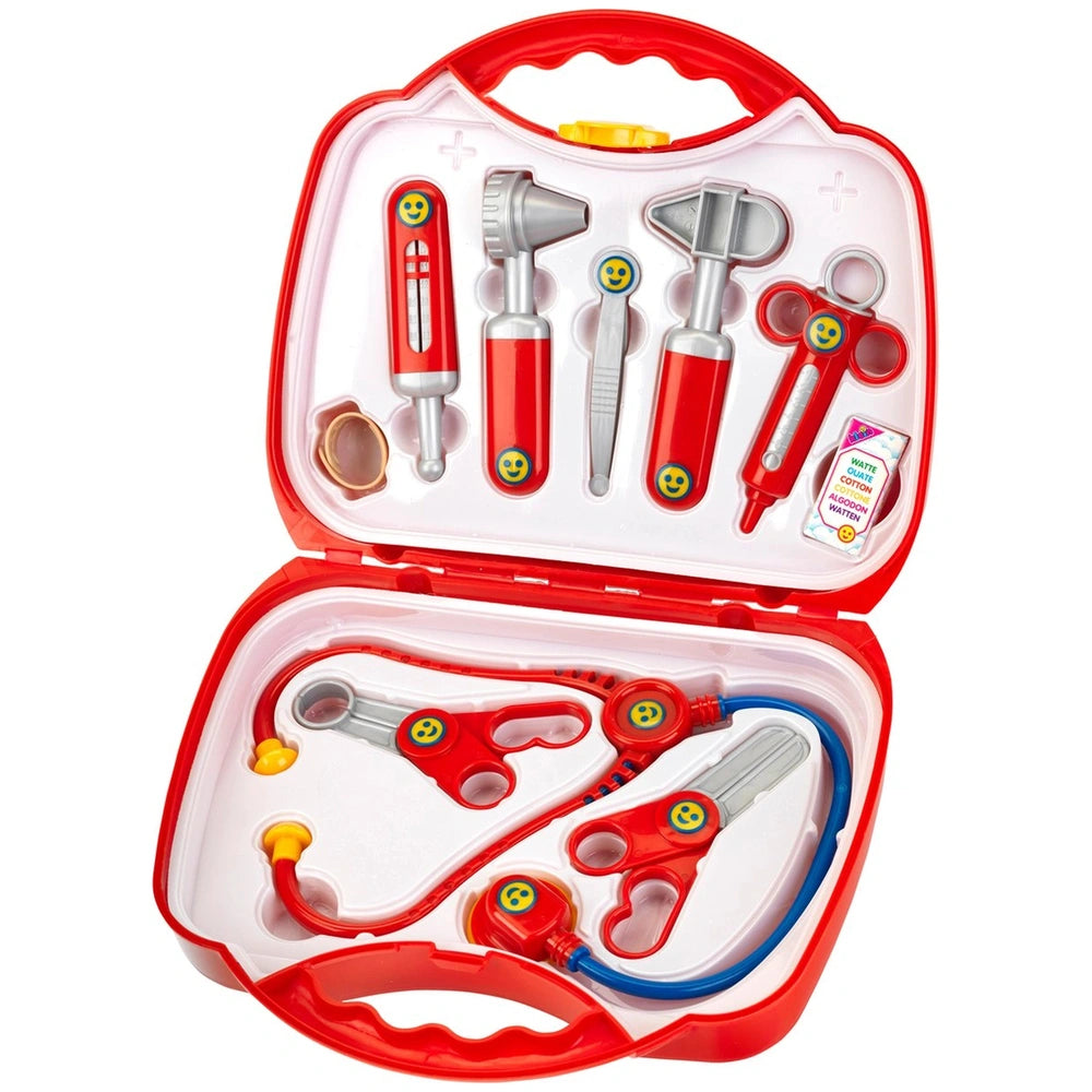 Theo Klein Doctor Case in red and white plastic, featuring various colorful components for pretend play and role-playing acti