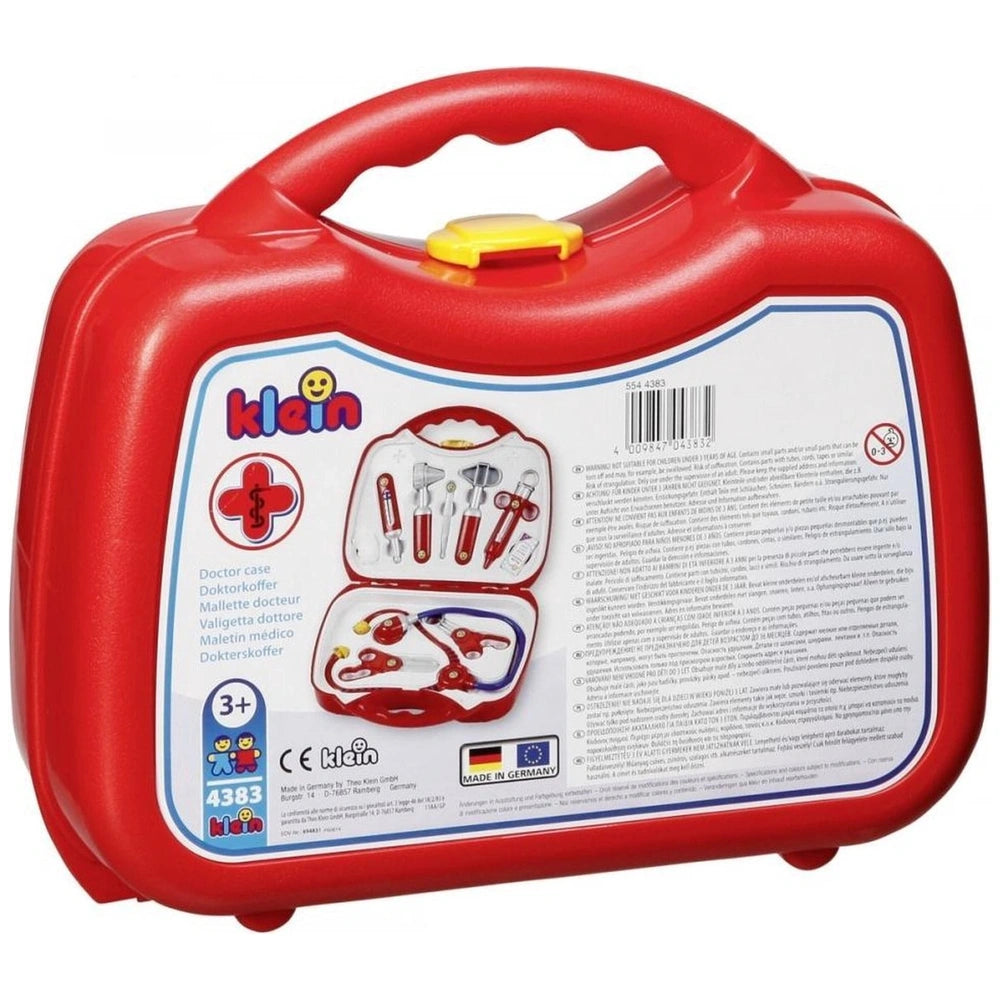 Theo Klein Doctor Case packaging in glossy red with clear window showing medical instruments and blue label with white text.