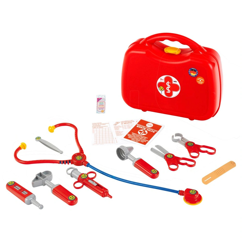 Theo Klein Doctor Case in red plastic with yellow handle, blue tube, red scissors, and yellow bandage, includes clear window 