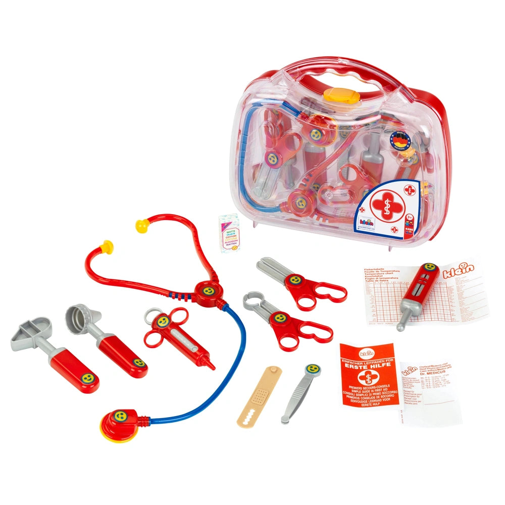 Theo Klein Doctor Case Middle in transparent plastic with various medical tools, packaged in cardboard with plastic component