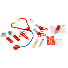 Theo Klein Doctor Case featuring red, blue, and yellow plastic stethoscopes and paper with red and white text.
