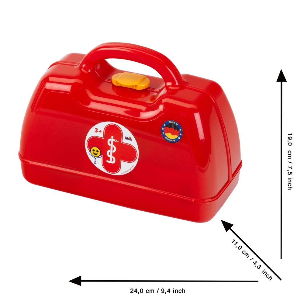Theo Klein Doctor Case in red plastic with yellow lid, featuring a red cross logo, handle, and number "3" on front.