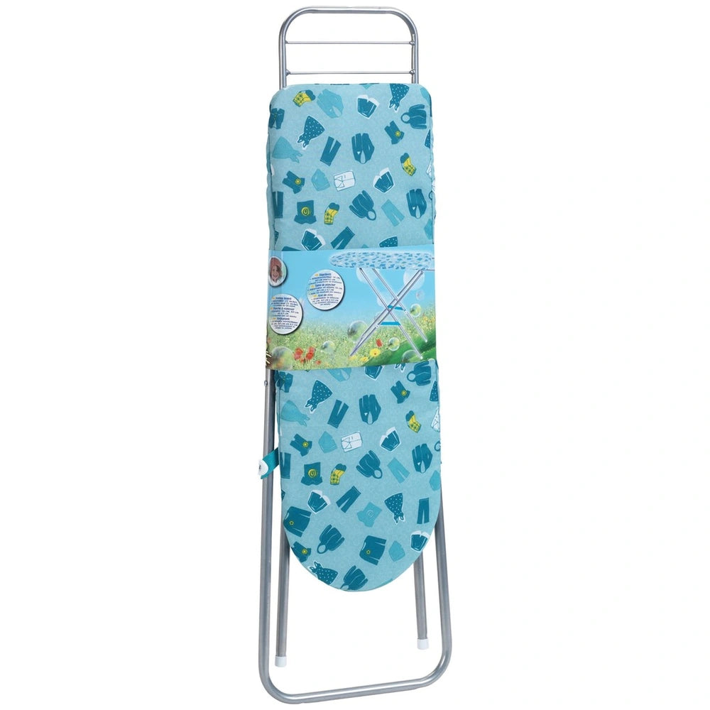 Theo Klein ironing board with a metallic frame, fabric surface, blue patterned background, handle, pocket, and strap.