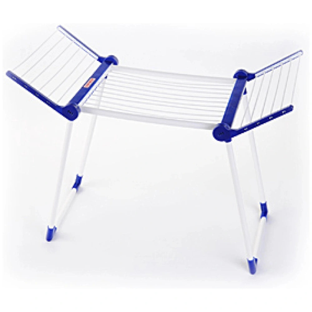 Theo Klein Leifheit drying rack features a transparent plastic frame with blue metallic legs and a grid-like pattern.