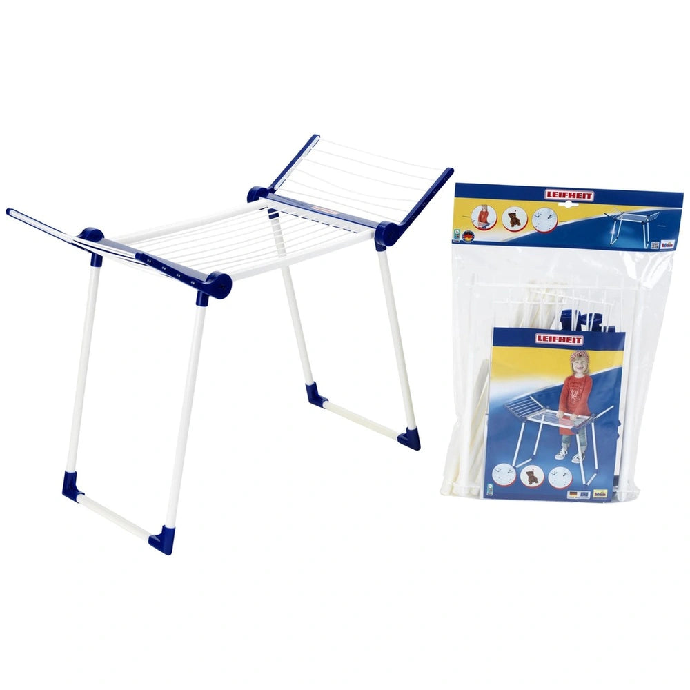 Theo Klein Leifheit drying rack with blue and white chair packaging featuring child, icons, and colorful background.