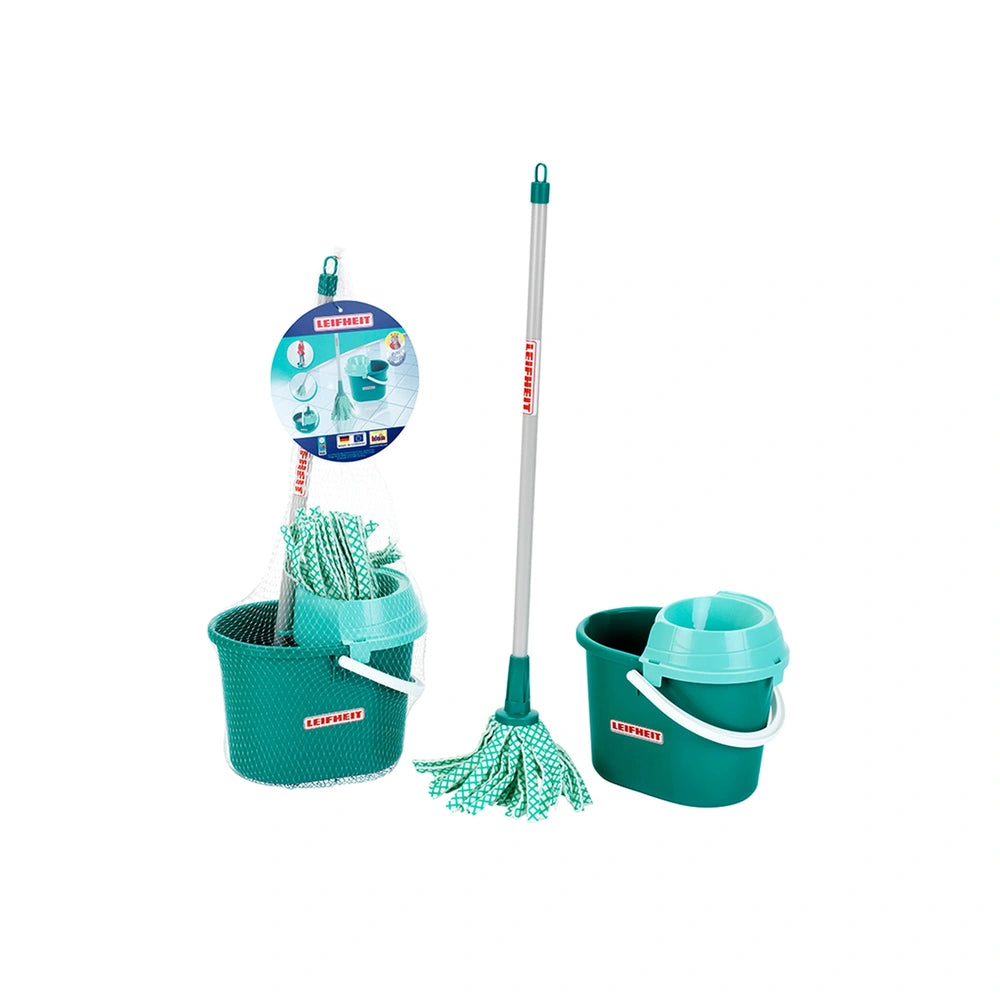 Theo Klein Leifheit mop set includes a green bucket, green mop handle, and green mop head with a white lid and label.