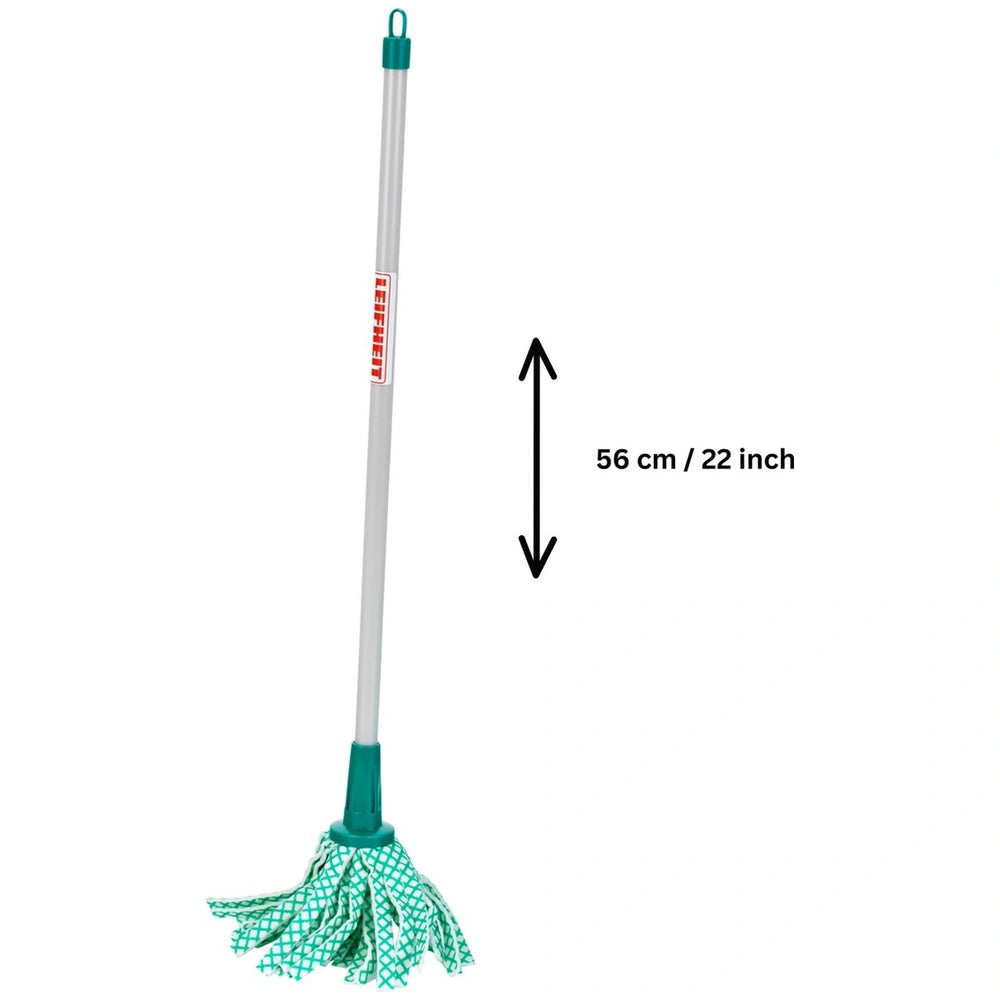Theo Klein Leifheit mop set featuring a white handle with green and white fringe and "REFRESH" printed in red.