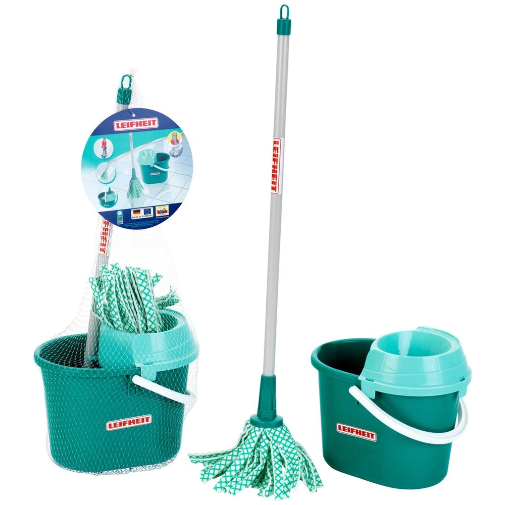 Theo Klein Leifheit mop set with green bucket, lid, and patterned mop head, all featuring 'LEIFHEIT' branding.