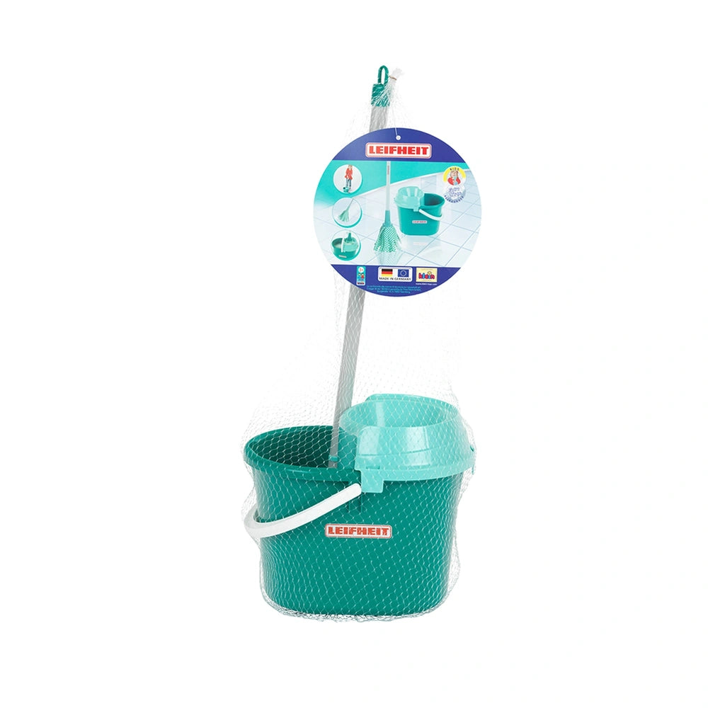 Theo Klein Mop Set with a textured plastic bucket, solid color lid, and handle, perfect for pretend play and role-playing act