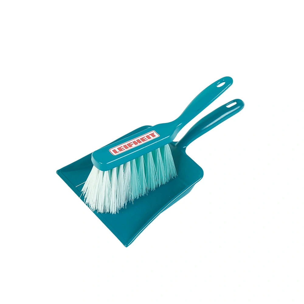 Theo Klein Leifheit sweeping set features a blue-handled brush with white bristles on a blue surface.