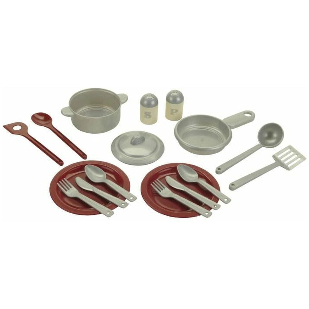 Theo Klein Miele Kitchen Compact set featuring red plates, silver pots, pans, spoons, forks, and ceramic salt and pepper shak