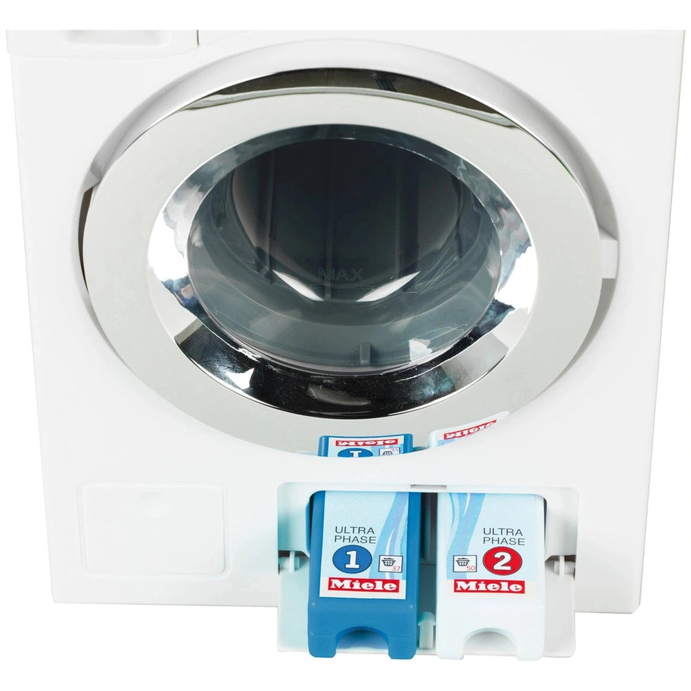 Theo Klein Miele washing machine toy in white with a glossy finish, reflective door, and a blue and white control panel.