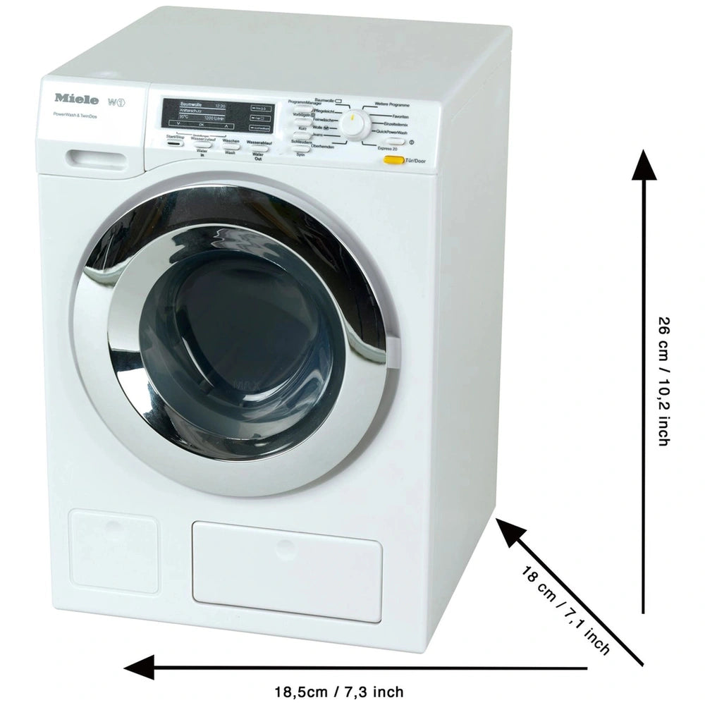 Theo Klein Miele washing machine in white with a black control panel featuring white buttons, centered for pretend play.