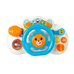Broom Broom interactive driving wheel features a blue wheel and a smiling cartoon character on a yellow face, perfect for kid