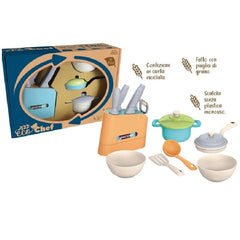 Eco Chef 14-piece sustainable chef set in a blue packaging box with utensils and bowls displayed for pretend play.