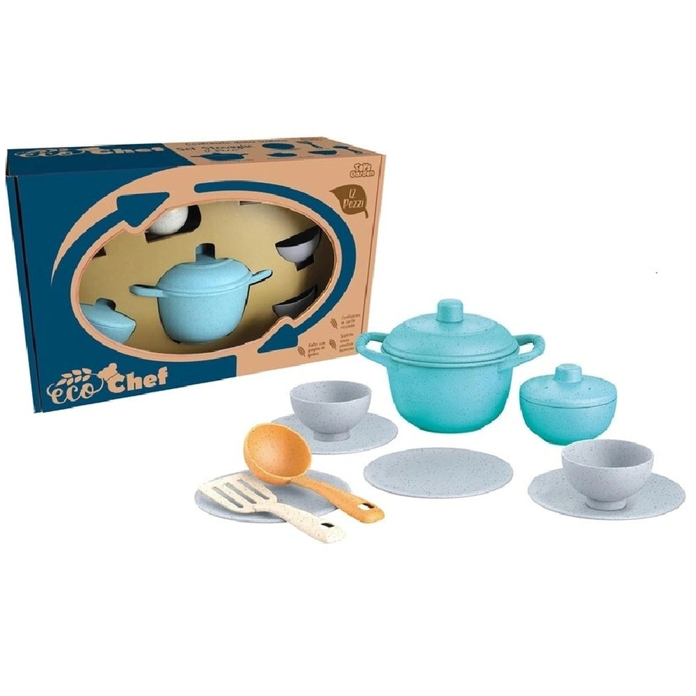 Eco Chef Set features a blue and yellow toy kitchen with a pot, bowl, spoon, and fork arranged on a white surface.