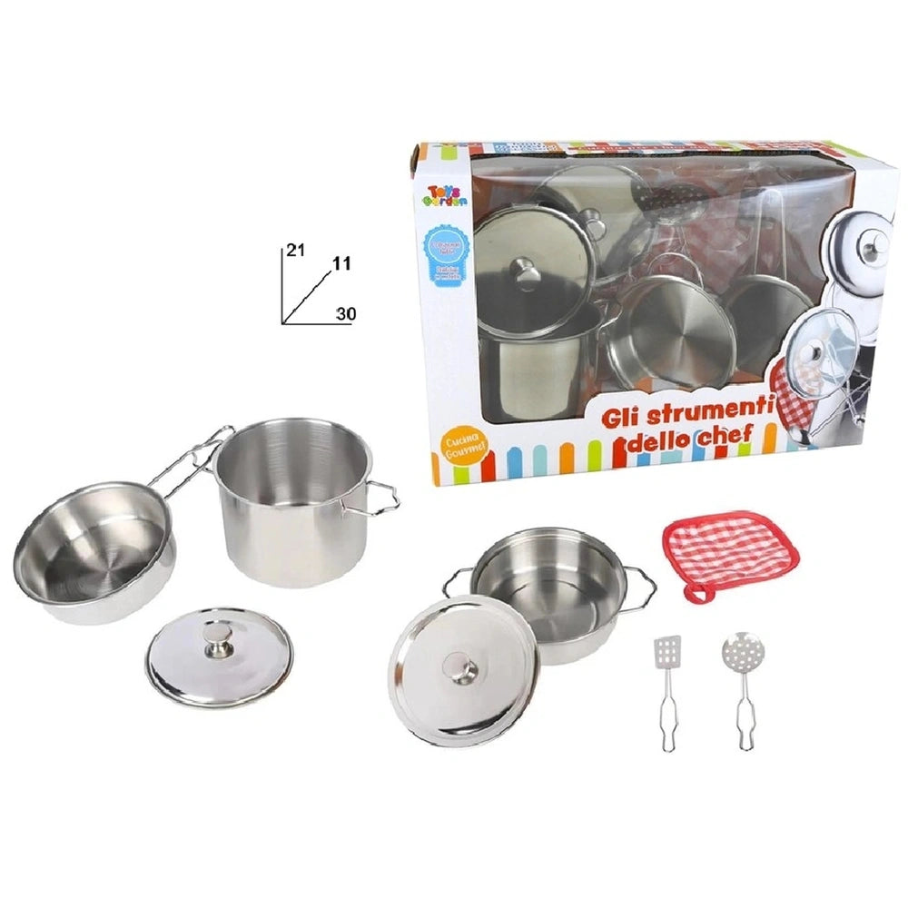 Stainless steel cooking set with pots, a strainer, and tongs in a colorful box labeled "Gli strumenti del cuoco."