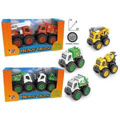 Heavy Truck Monster Vehicle Set featuring vibrant plastic construction vehicles in orange, green, and yellow on a white surfa