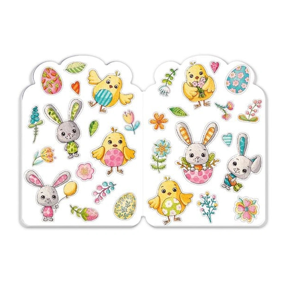 TROTSCH Easter Fun Colouring Book features pastel cartoon stickers of animals and plants arranged in a grid pattern.