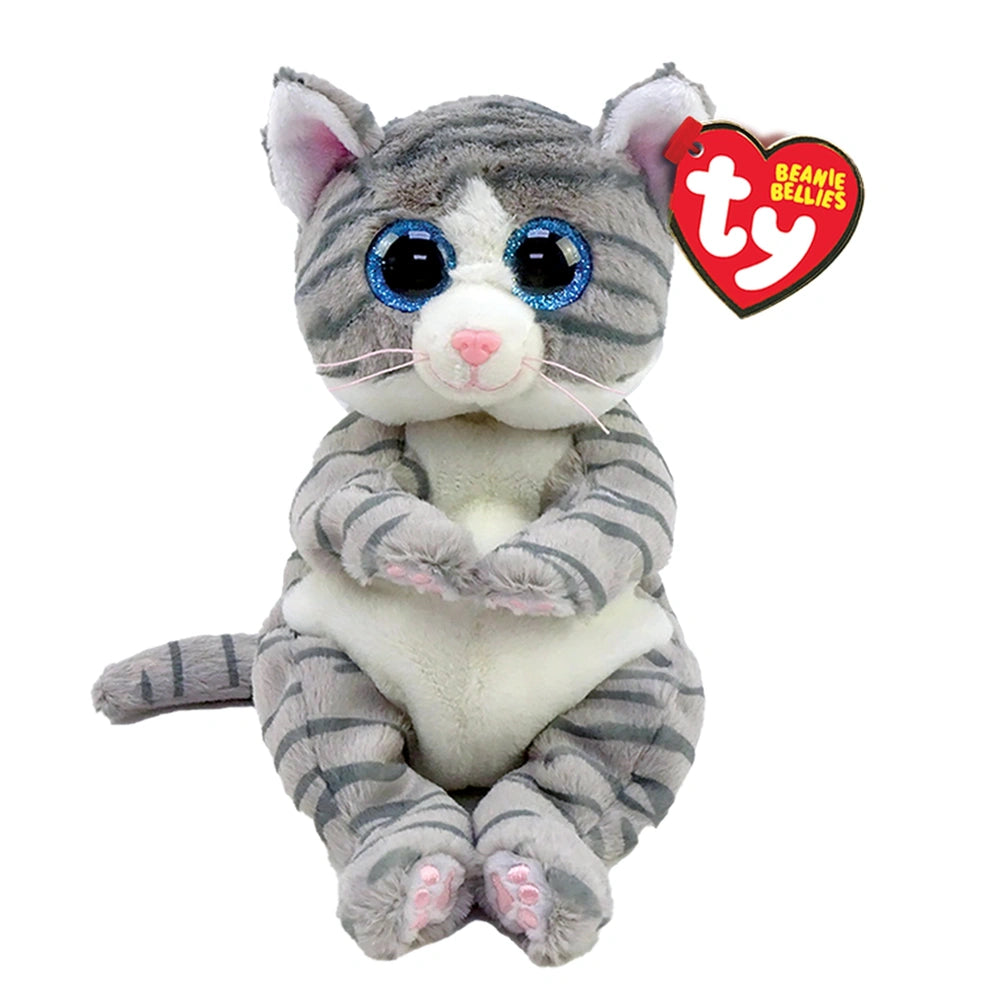 TY - Beanie Bellies Mitzi grey tabby cat plush toy with blue eyes, pink nose, and heart tag, sitting upright.